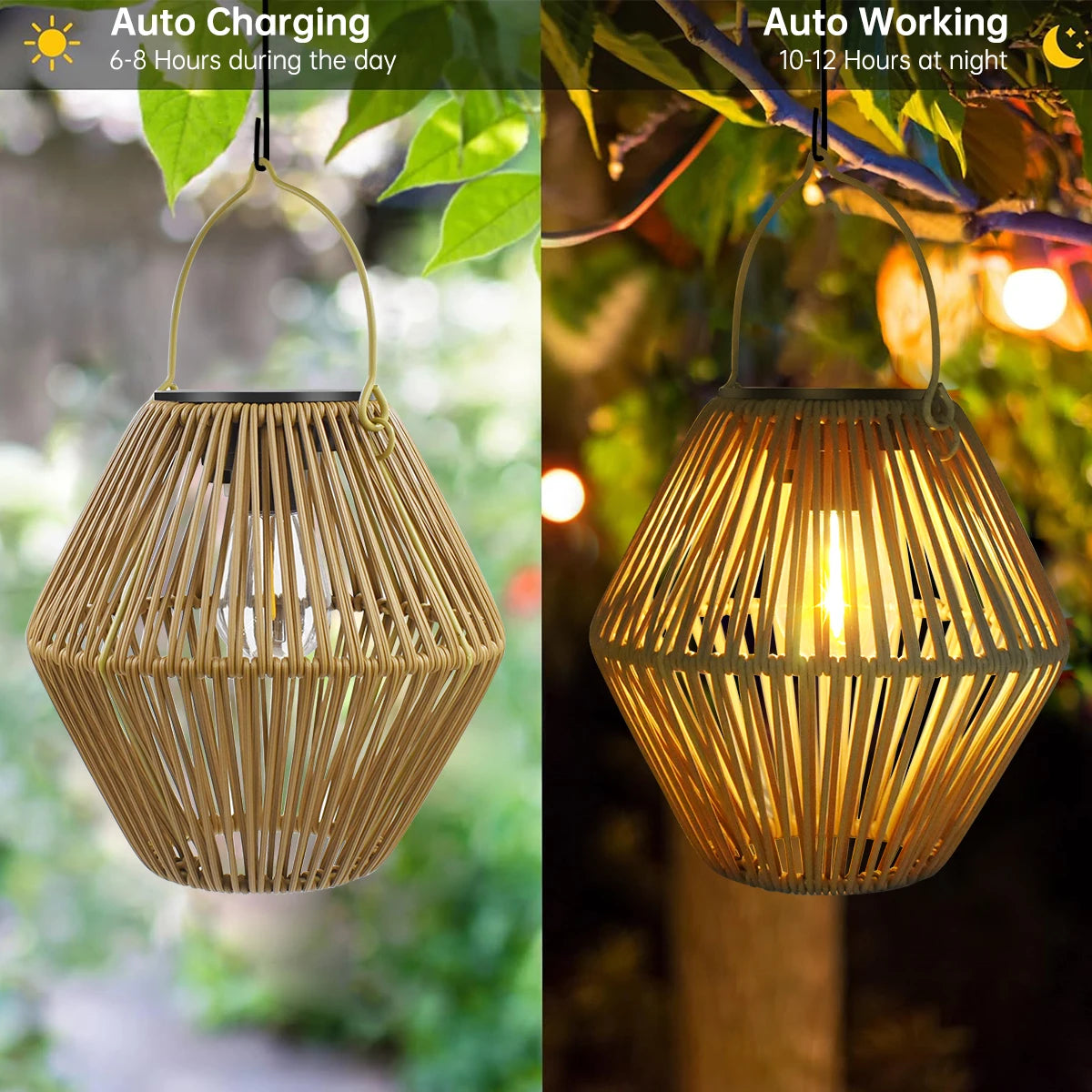 Boho Rattan Solar Lantern for Garden Patio and Outdoor Decor
