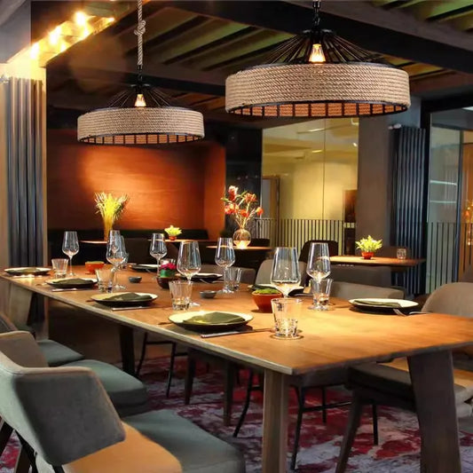 Rustic Hemp Rope Pendant Light for Industrial Dining Rooms and Cafes