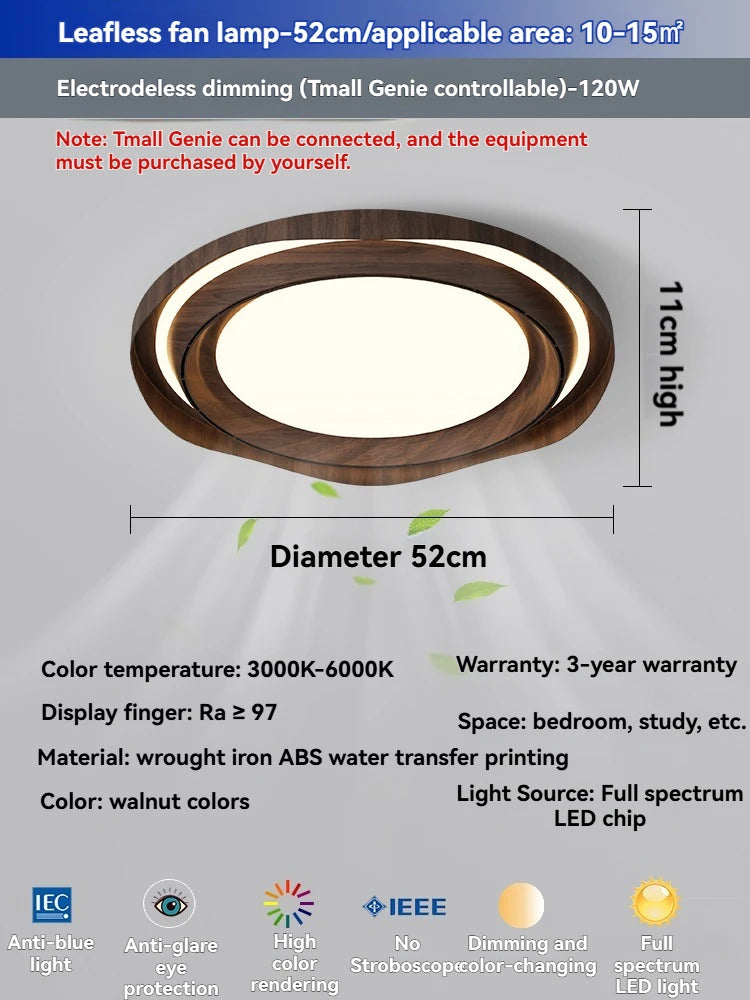 Modern Bladeless Ceiling Fan Light with Walnut Finish for Silent Cooling