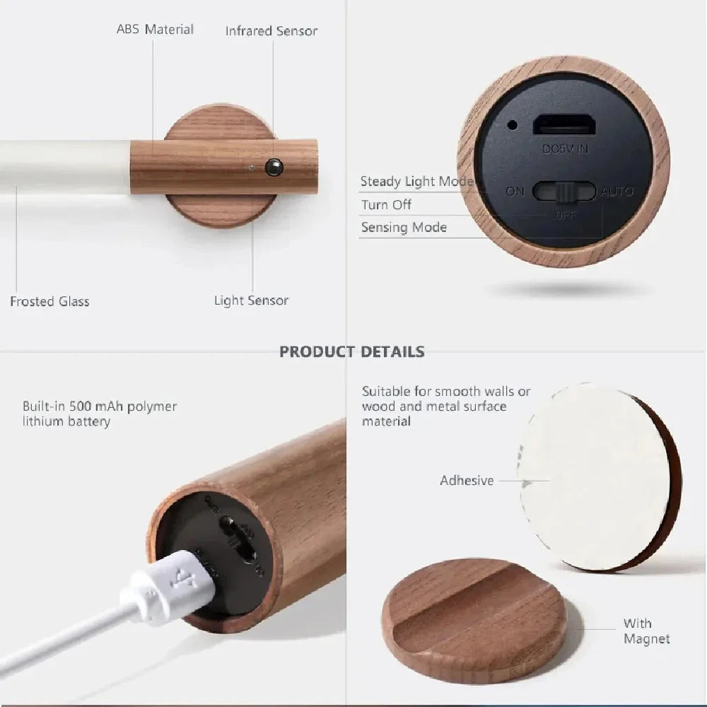 Magnetic Wooden LED Motion Sensor Light for Hallways and Bedrooms