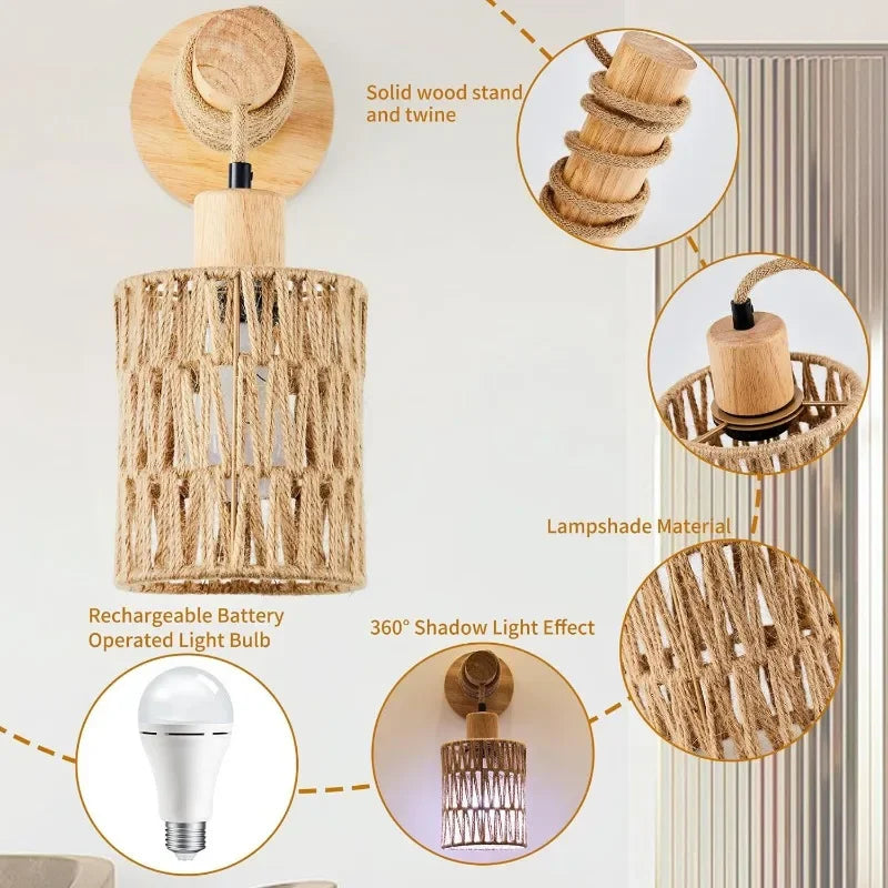 Rustic Hemp Rope Wall Lamp for Farmhouse Bedroom and Countryside Decor