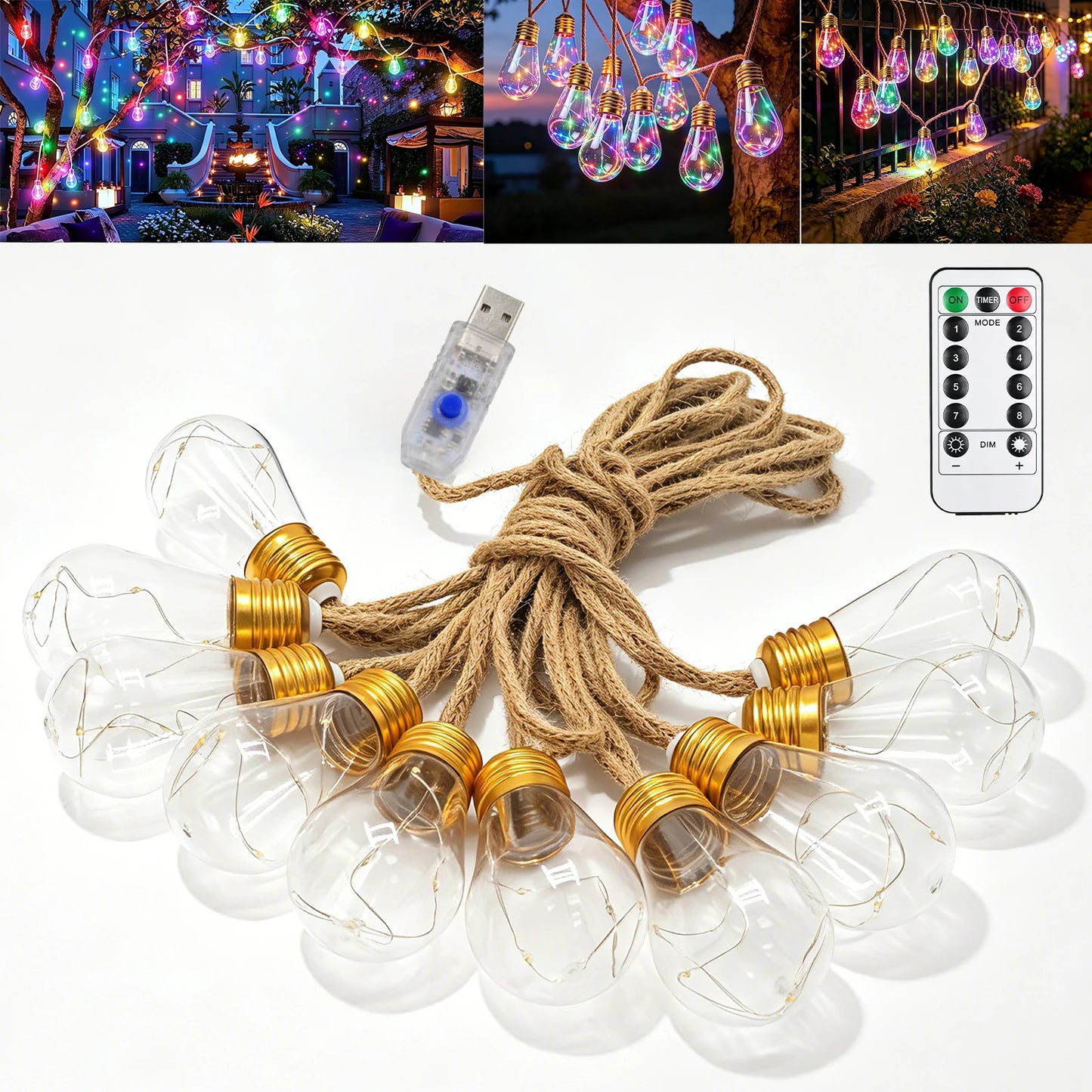 Dimmbare USB LED Lichterkette RGB für Balkon, Garten und Weihnachten