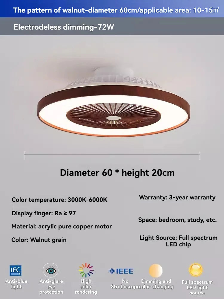 Modern Bladeless Ceiling Fan Light with Walnut Finish for Silent Cooling