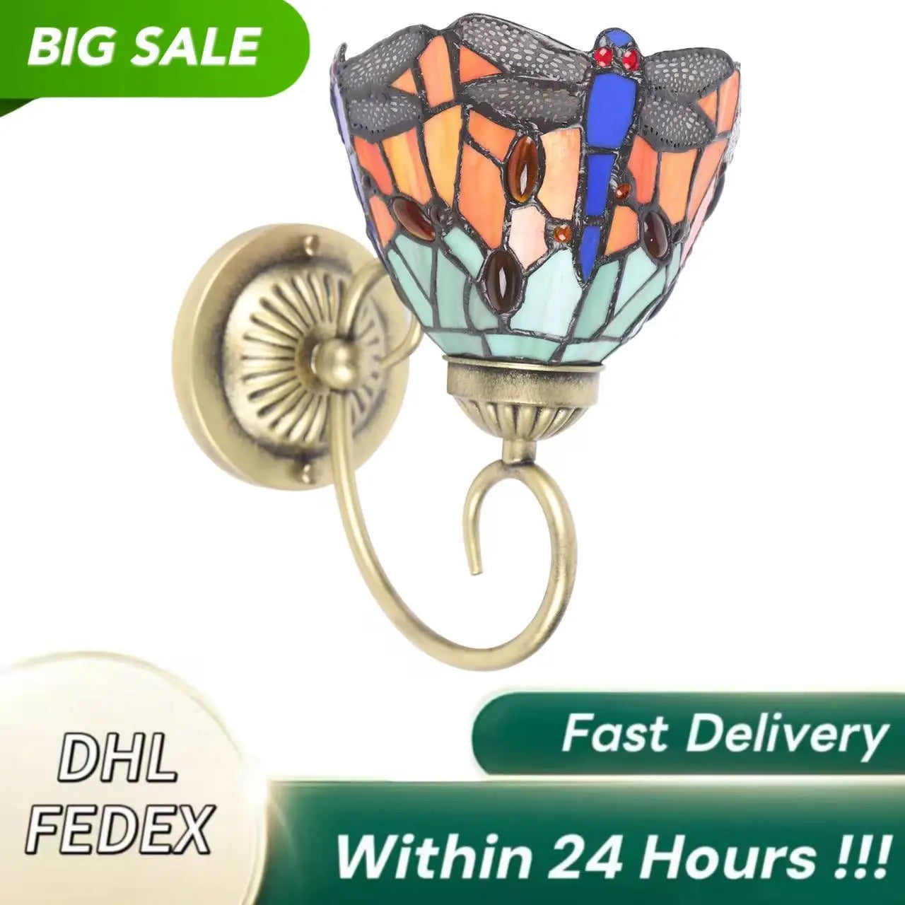 Vintage Stained Glass Dragonfly Wall Sconce for Bedroom and Living Room