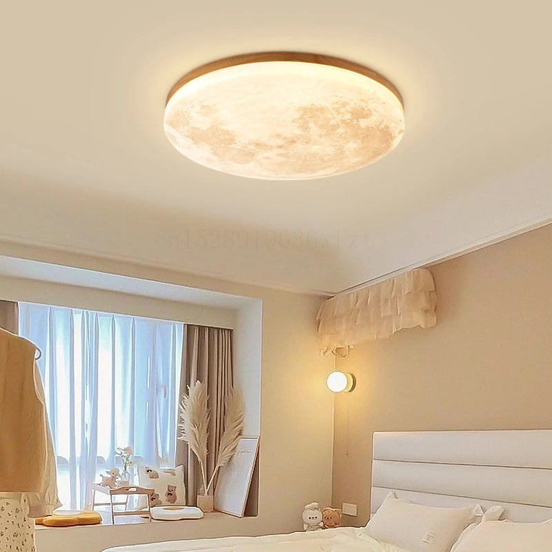 Modern Moon LED Ceiling Lamp with Wood Finish for Living Spaces