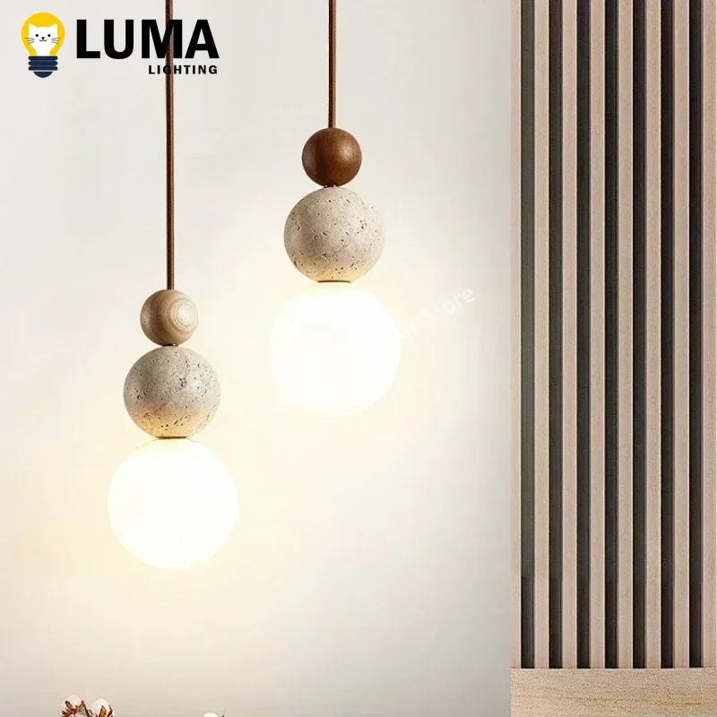 Natural Travertine and Wood Pendant Light for Modern Kitchen and Dining