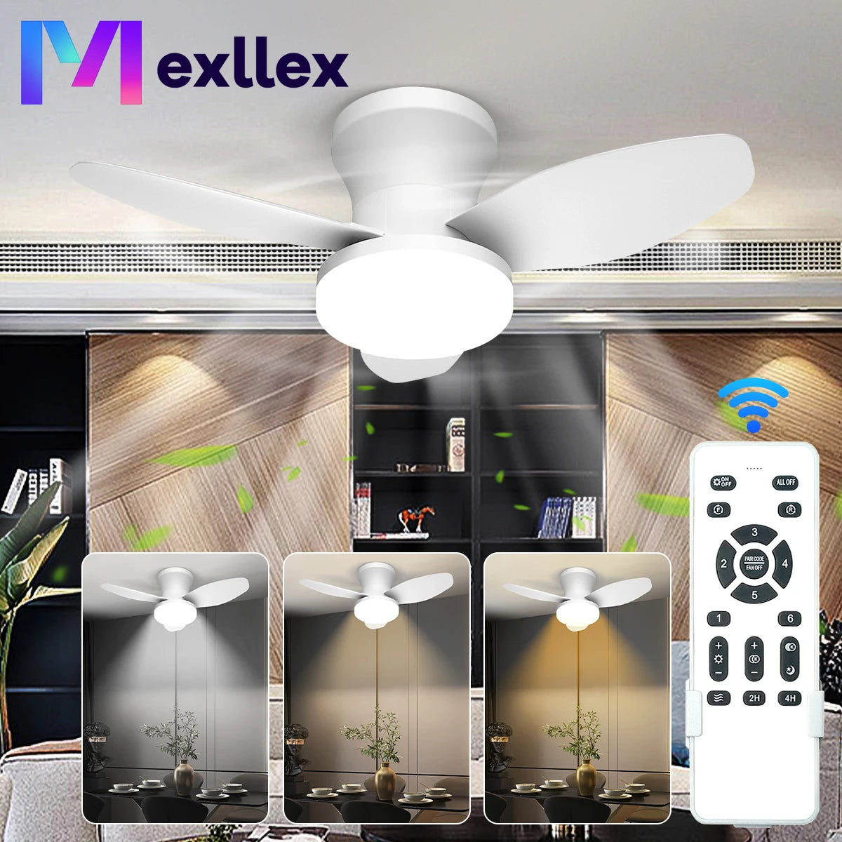 Modern Three-Leaf Ceiling Fan with Dimmable LED Light and Remote Control