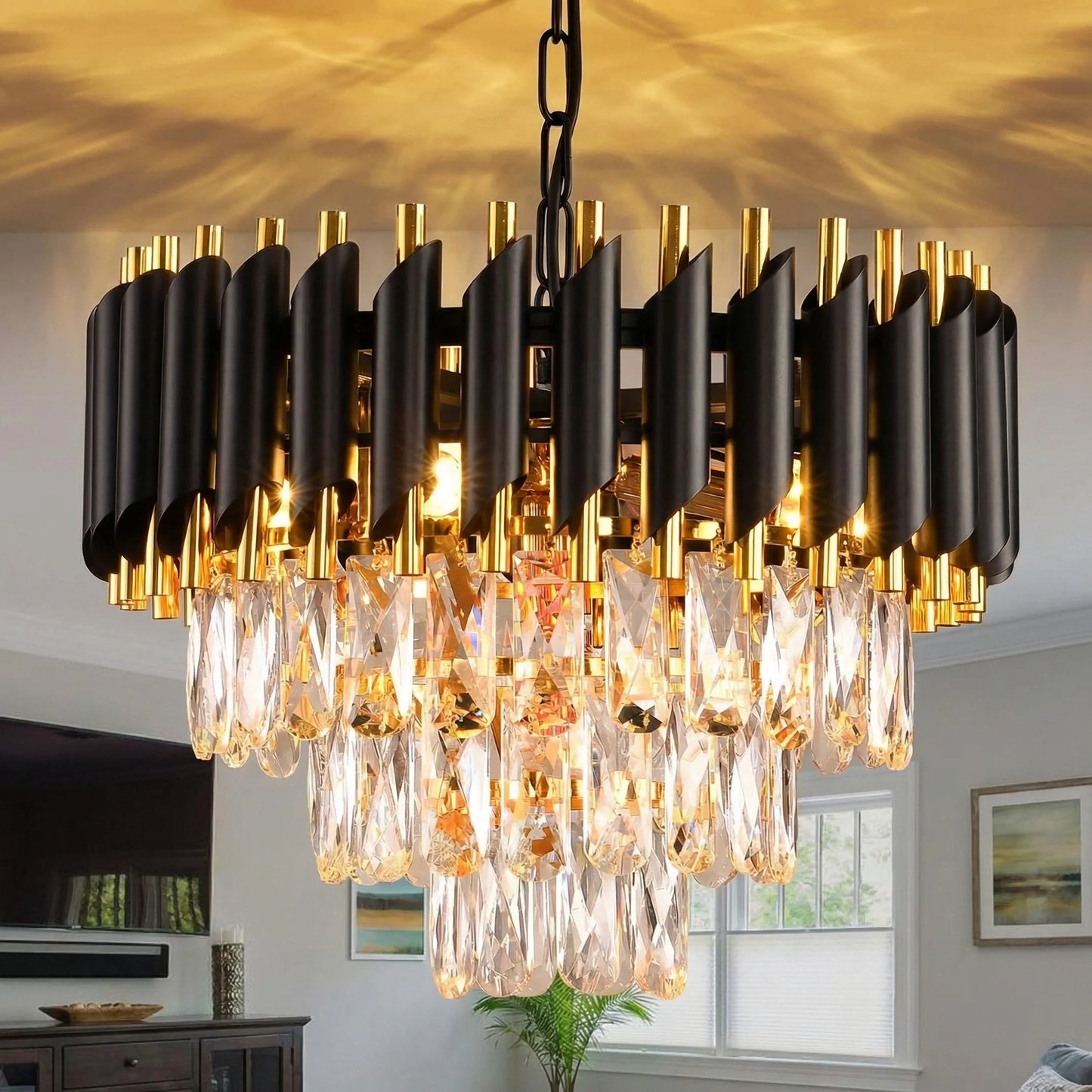 Modern Black and Gold Crystal Chandelier for Elegant Dining and Living Rooms