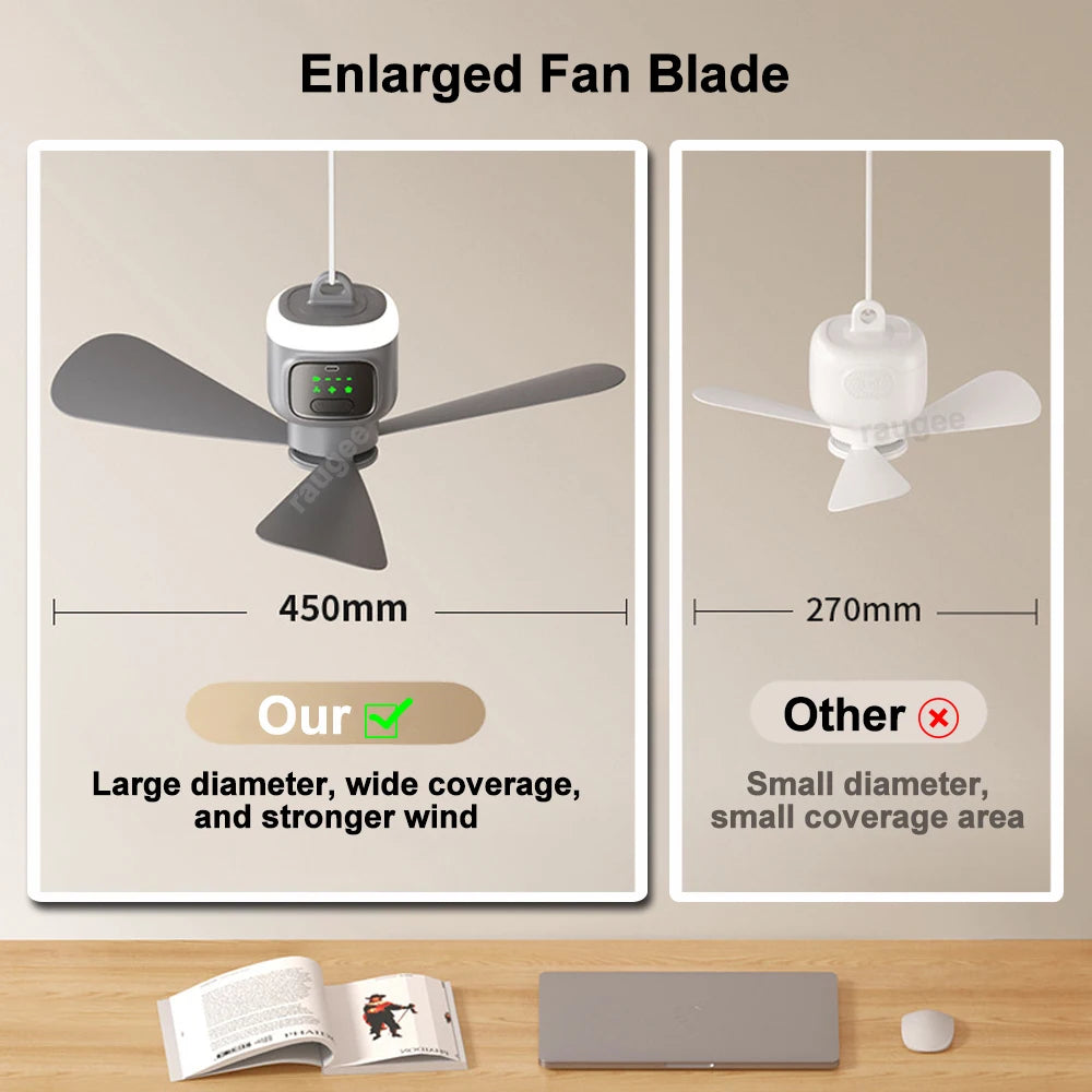 Rechargeable Portable Ceiling Fan with LED Light for Outdoor and Home
