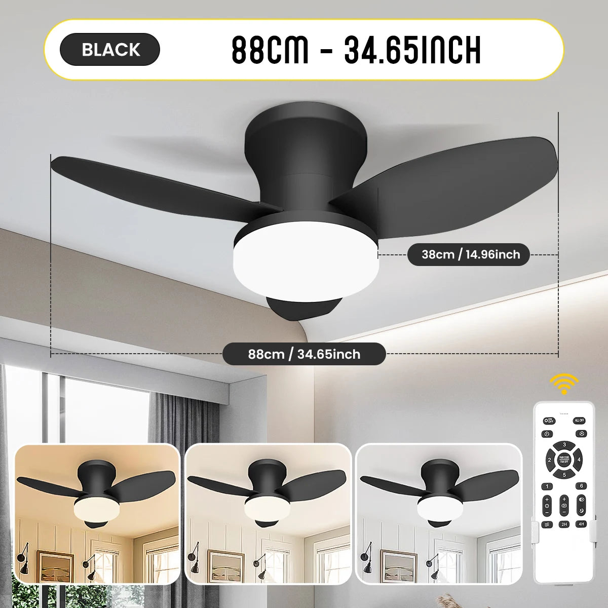 Modern Three-Leaf Ceiling Fan with Dimmable LED Light and Remote Control