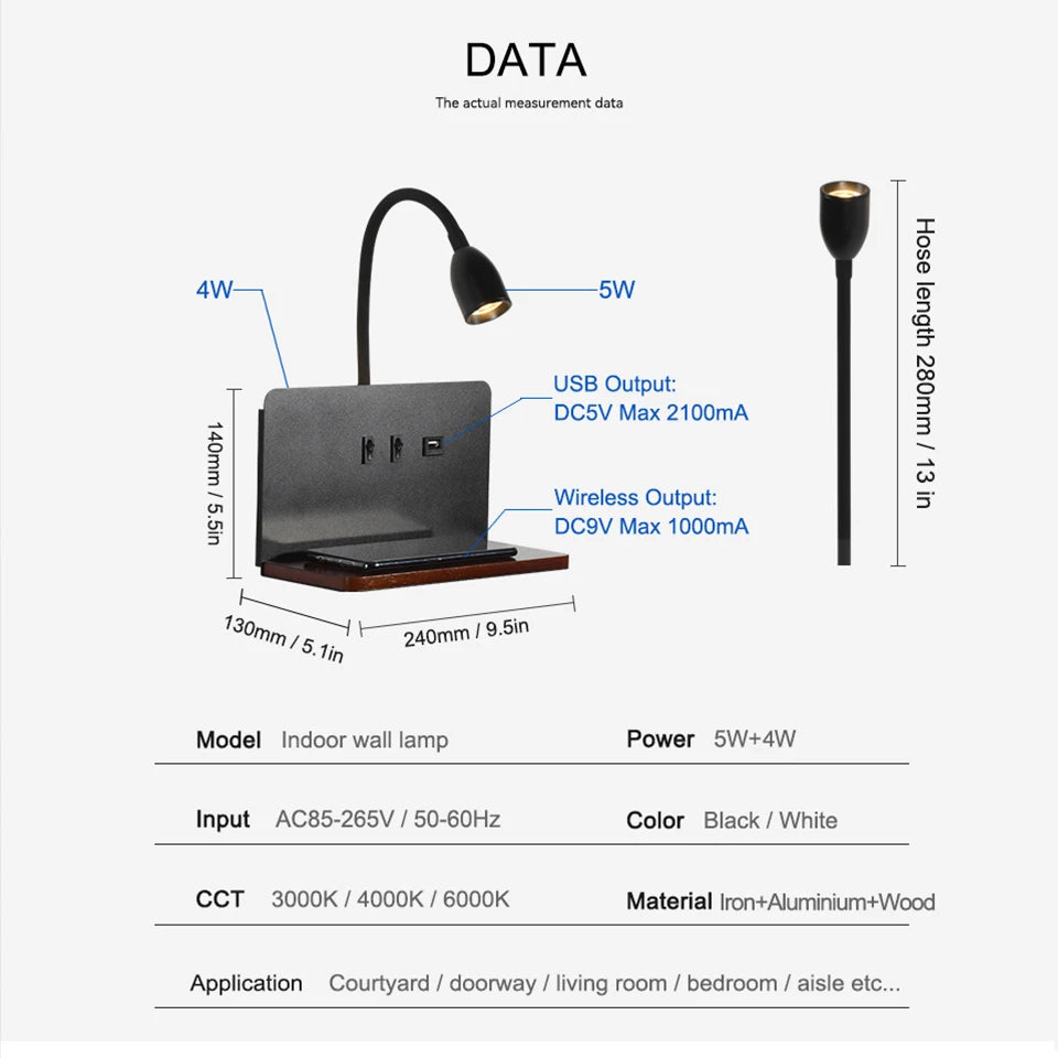 Modern LED Rotatable Wall Lamp with Wireless Charging for Bedside Reading