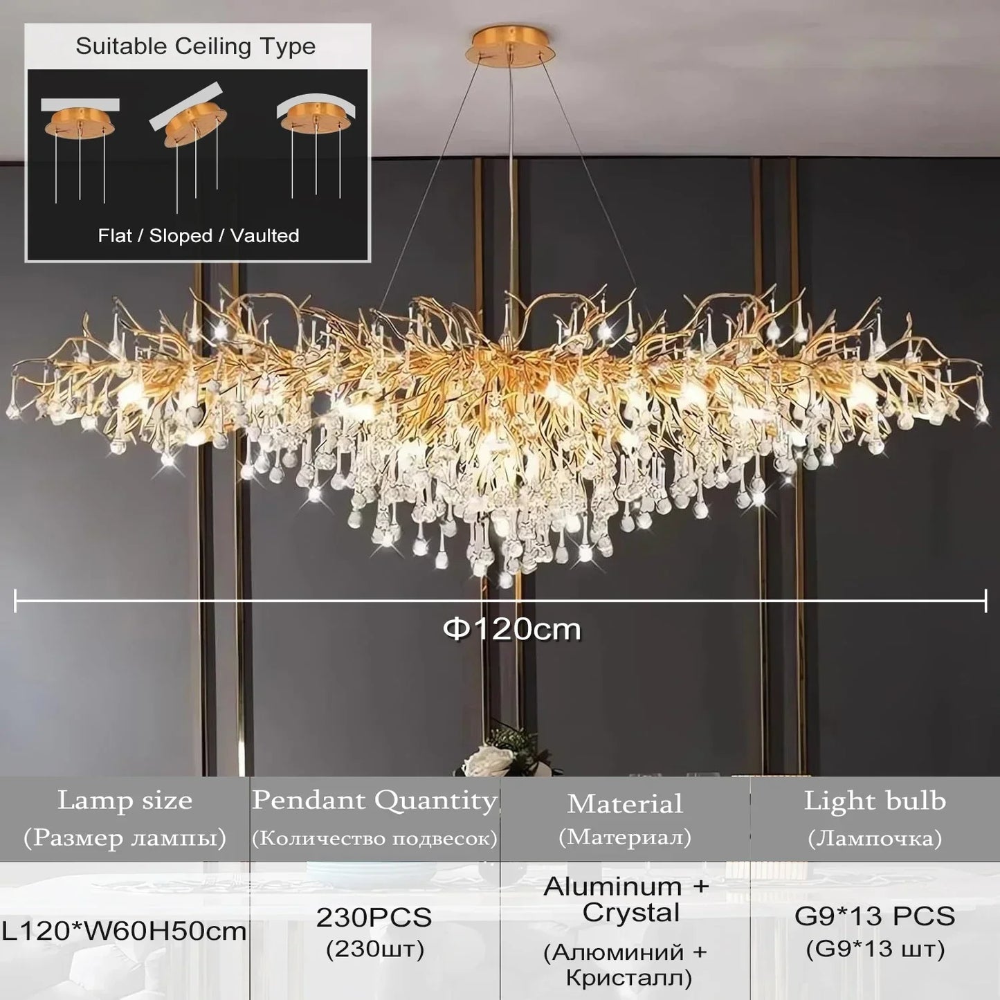 Luxury Rectangular Gold Crystal Chandelier for Modern Dining and Living Rooms