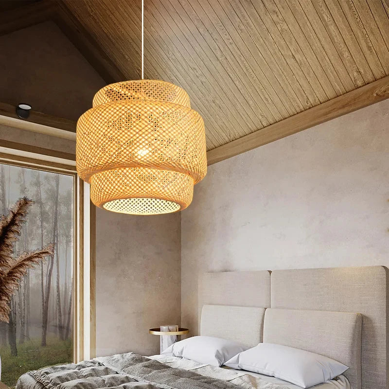 Handwoven Bamboo Pendant Light for Organic Dining Room and Bedroom Decor
