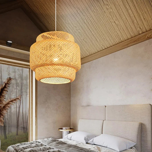 Handwoven Bamboo Pendant Light for Organic Dining Room and Bedroom Decor
