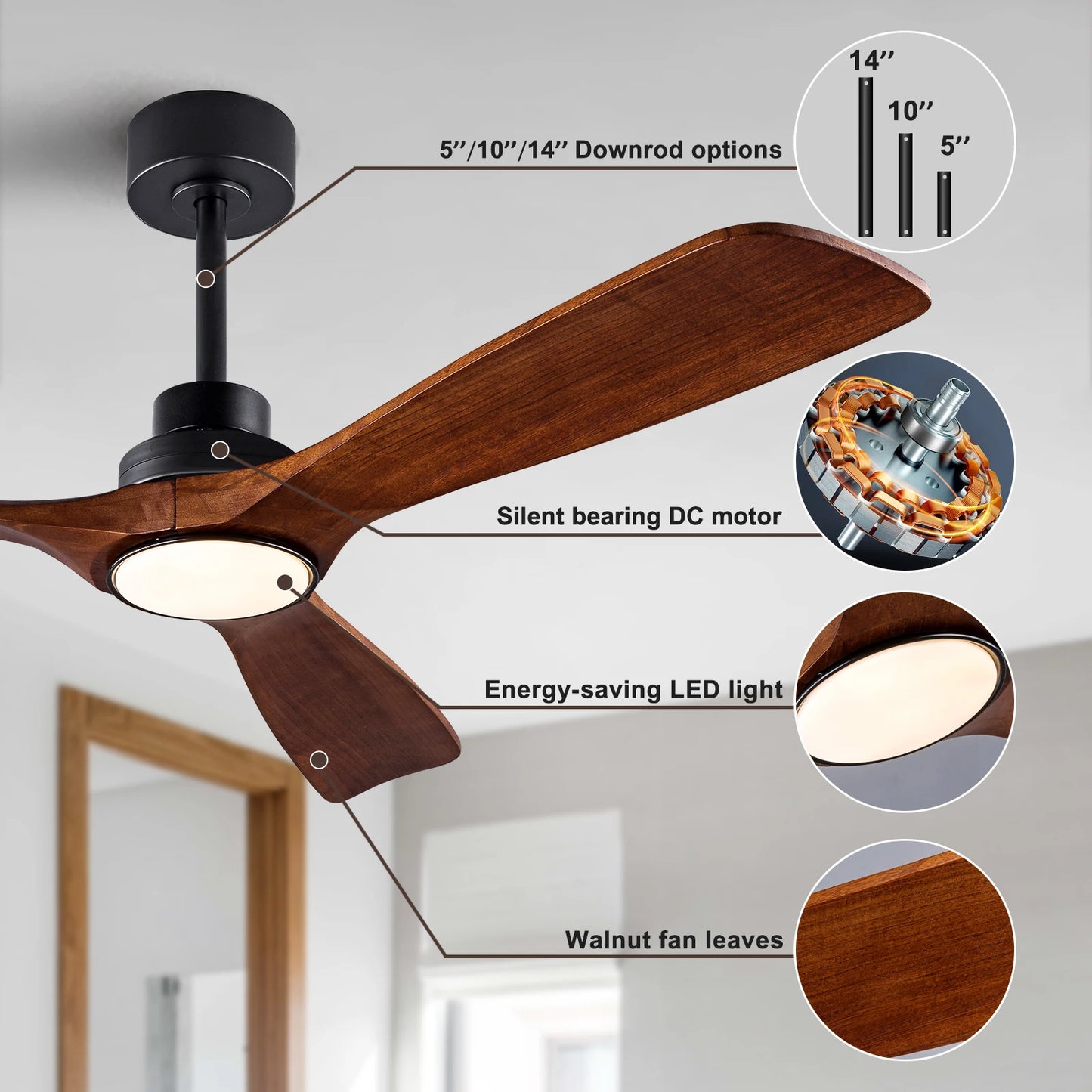 Modern Wood Ceiling Fan with LED Light Remote for Living Spaces