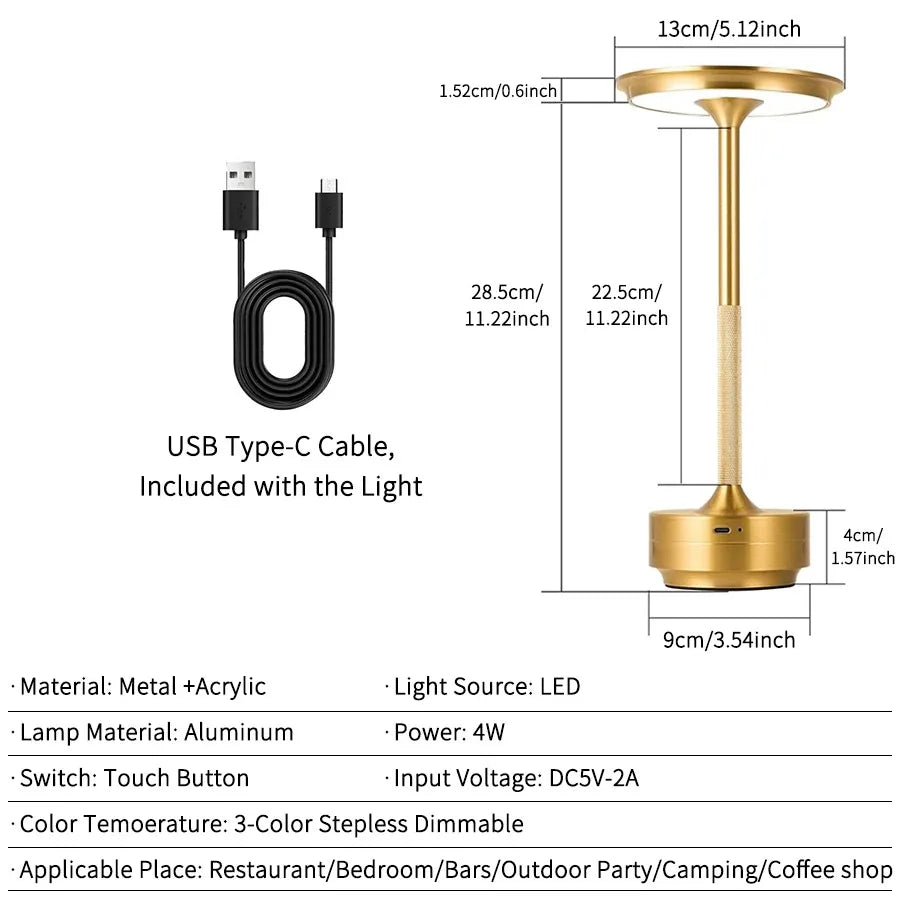 Portable Retro Rechargeable LED Table Lamp for Cafes and Bedside Tables