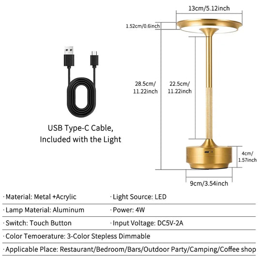 Portable Retro Rechargeable LED Table Lamp for Cafes and Bedside Tables
