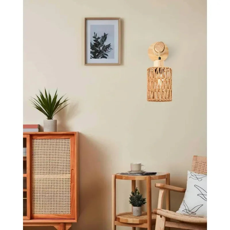 Rustic Hemp Rope Wall Lamp for Farmhouse Bedroom and Countryside Decor