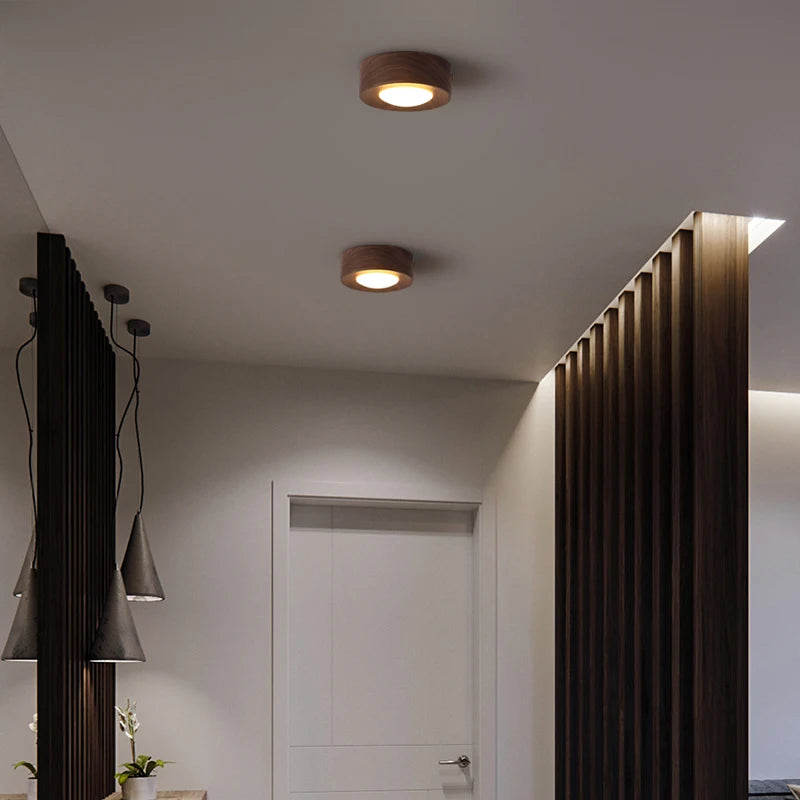 Modern Walnut Wood Flush Mount Ceiling Light for Hallways and Living Rooms