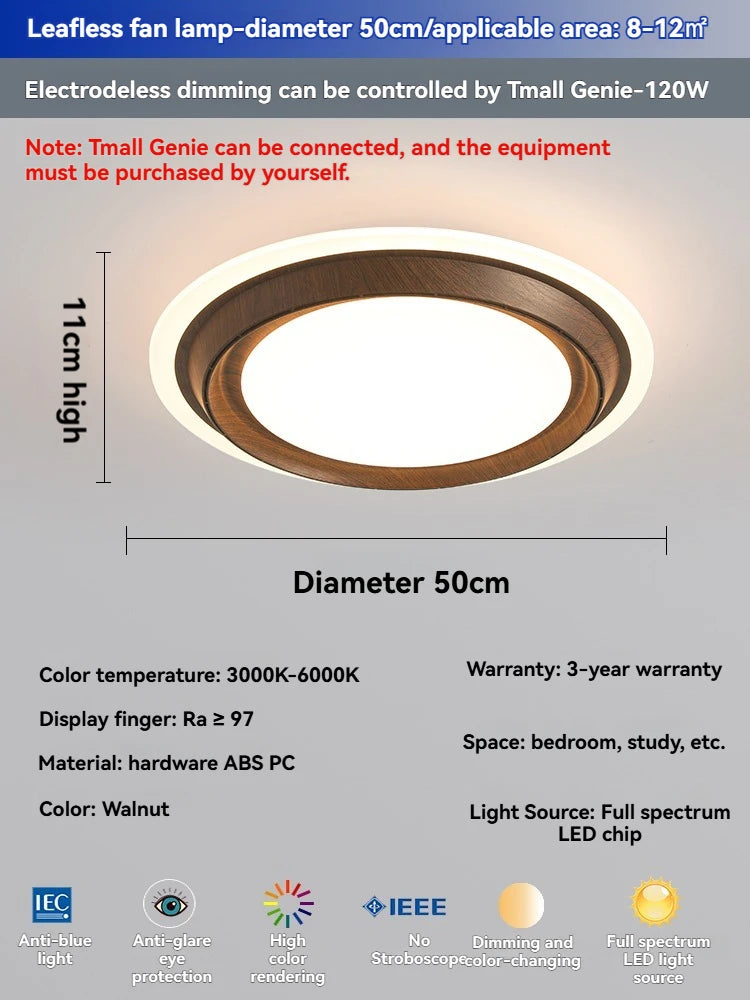 Modern Bladeless Ceiling Fan Light with Walnut Finish for Silent Cooling