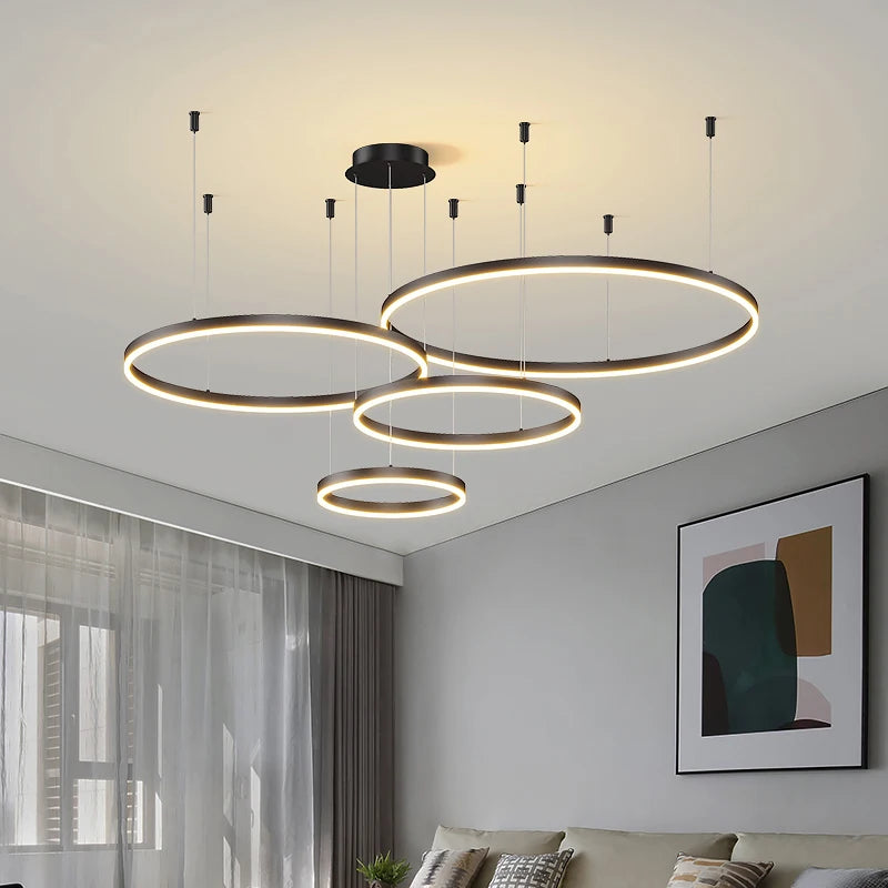 Modern LED Ring Chandelier in Brushed Gold and Black for Dining Spaces