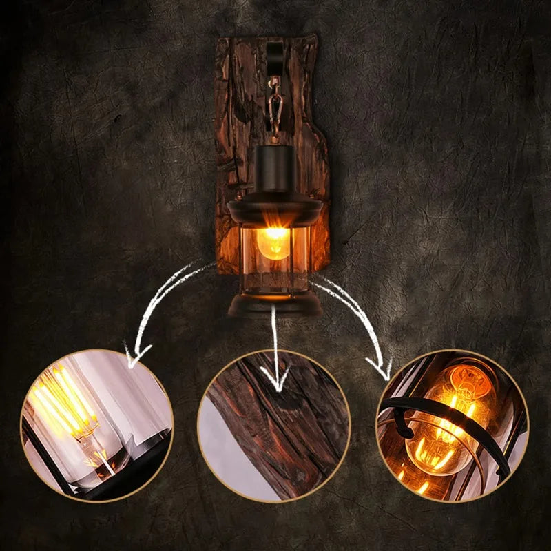 Rustic Industrial Wooden Wall Sconce for Lofts and Cafes