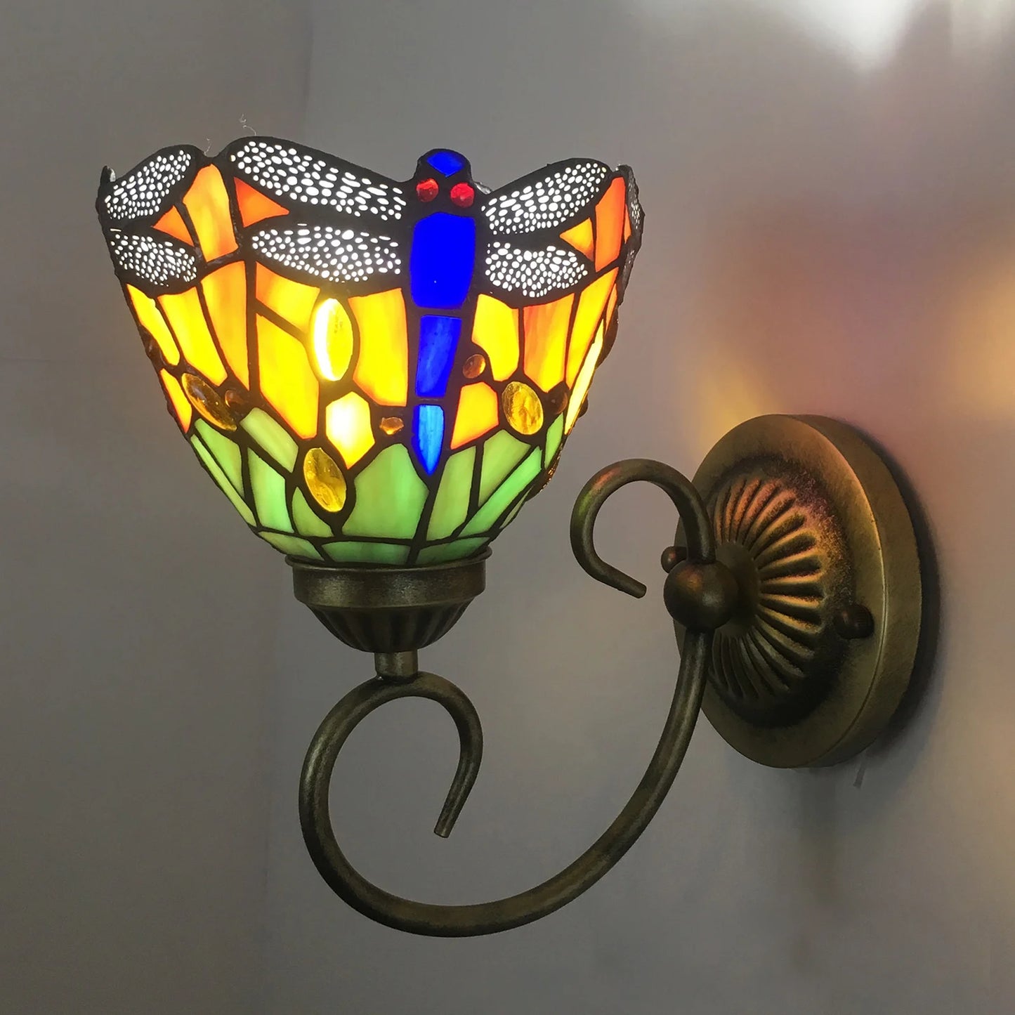 Vintage Stained Glass Dragonfly Wall Sconce for Bedroom and Living Room