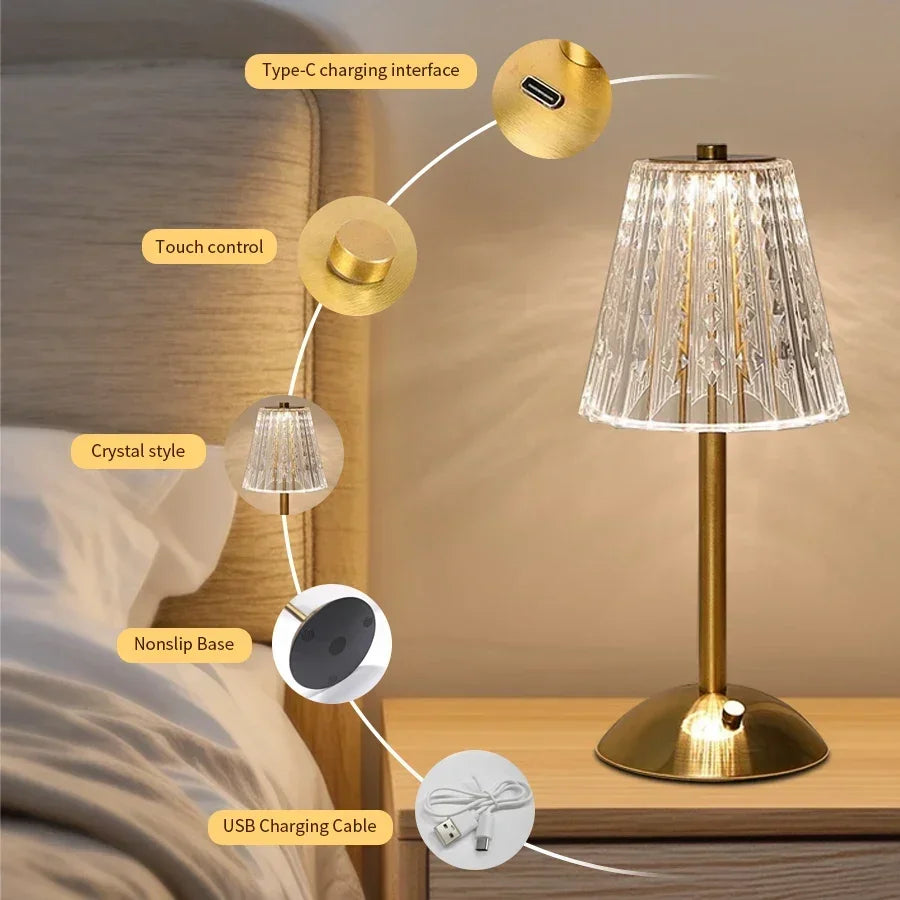 Crystal LED Table Lamp with Touch Sensor for Hotels and Bedside Decor