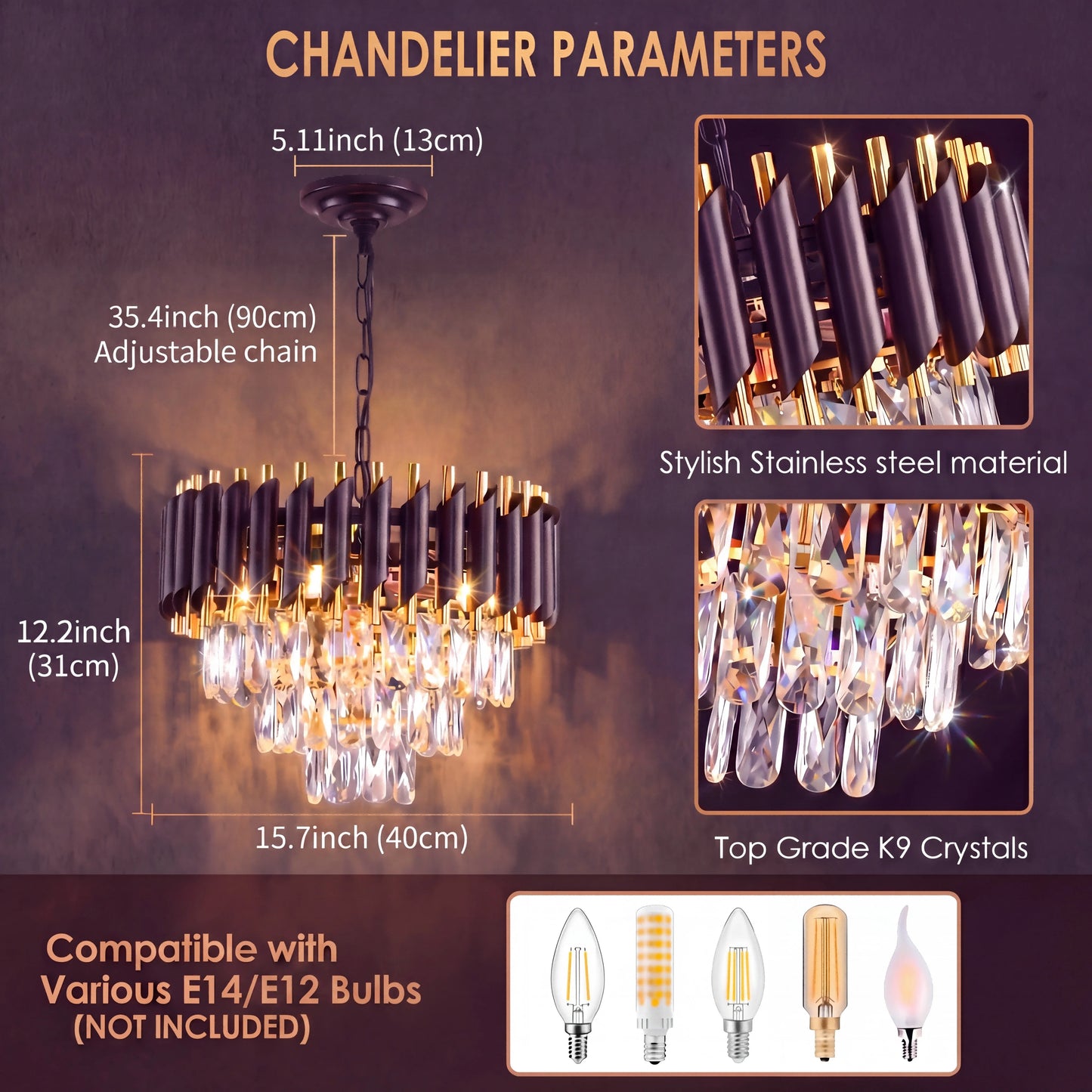 Modern Black and Gold Crystal Chandelier for Elegant Dining and Living Rooms