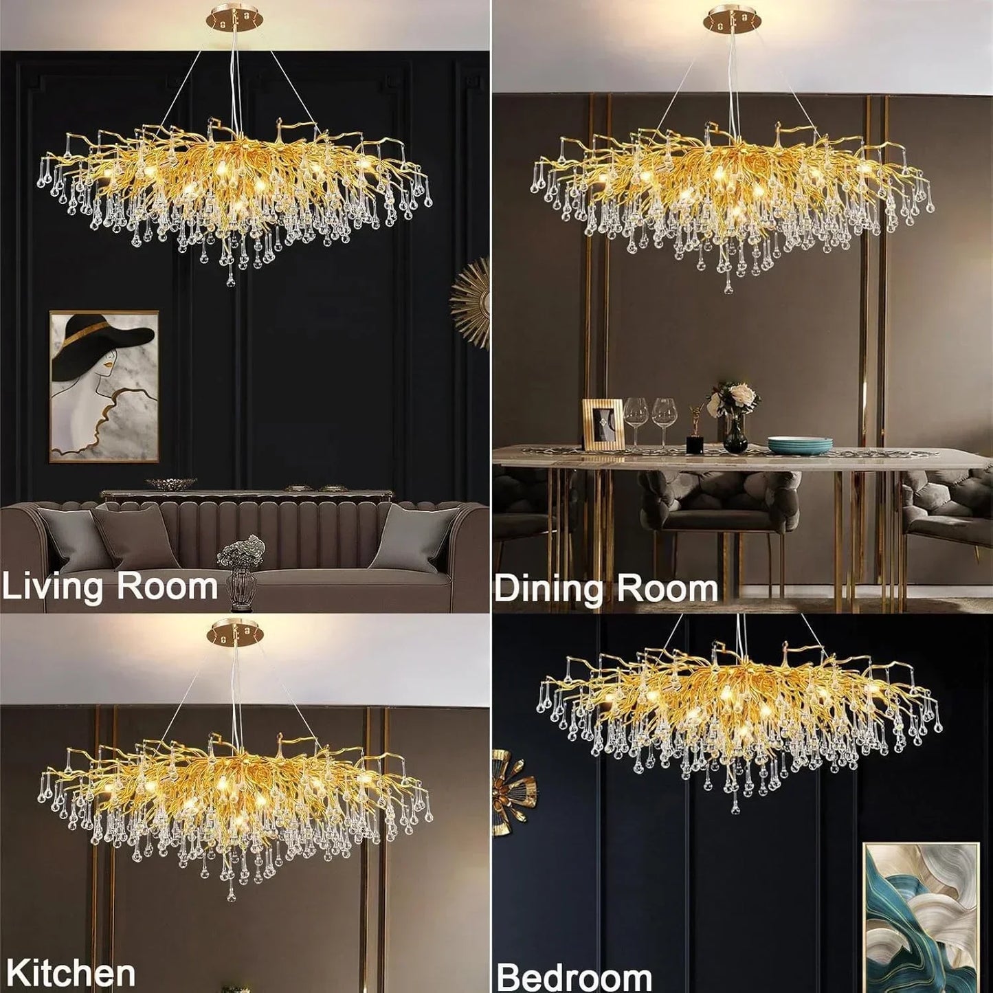 Luxury Rectangular Gold Crystal Chandelier for Modern Dining and Living Rooms