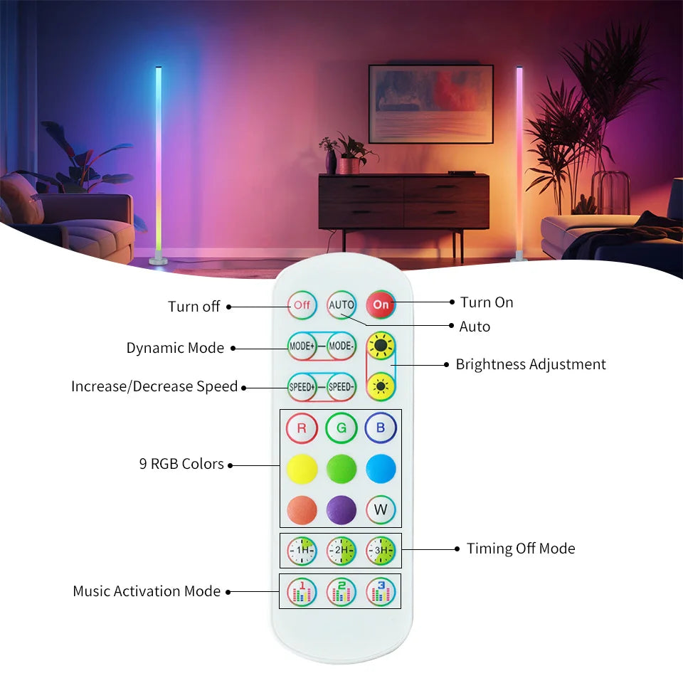 Modern RGB LED Corner Floor Lamp with Music Sync for Living Rooms