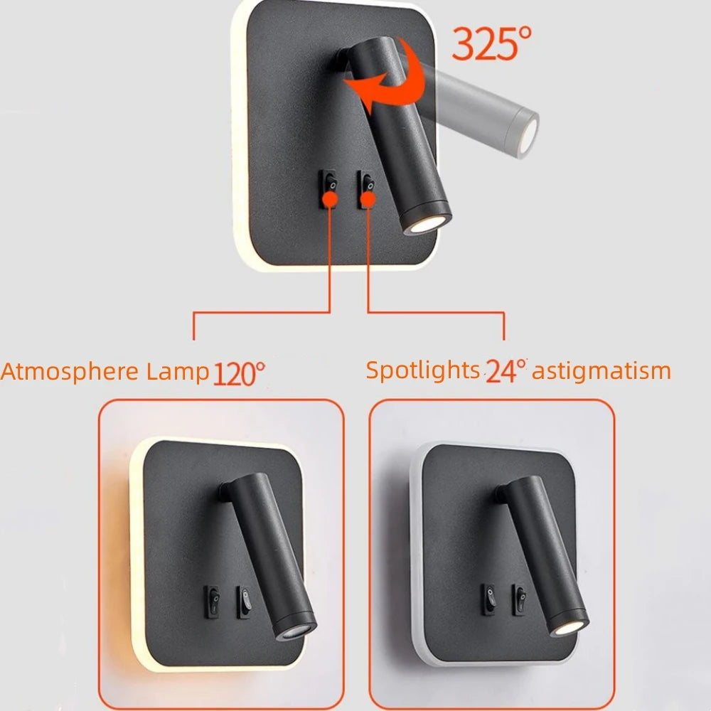 Adjustable Rotating LED Wall Spotlight for Hotel Reading and Bedside Lighting