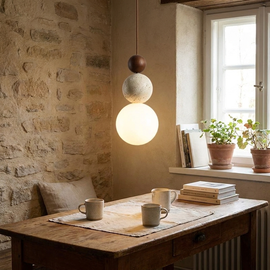 Natural Travertine and Wood Pendant Light for Modern Kitchen and Dining
