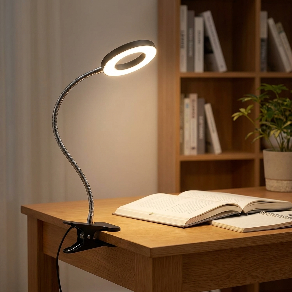 Flexible LED Klemm-Schreibtischlampe mit Dimmfunktion, an Schreibtisch geklemmt im Homeoffice