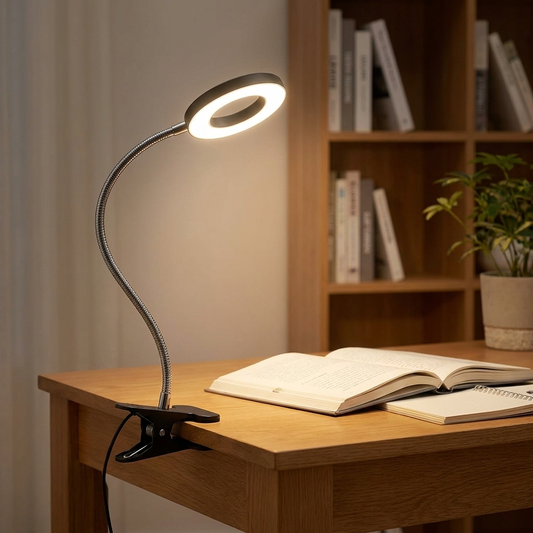 Flexible LED Klemm-Schreibtischlampe mit Dimmfunktion, an Schreibtisch geklemmt im Homeoffice