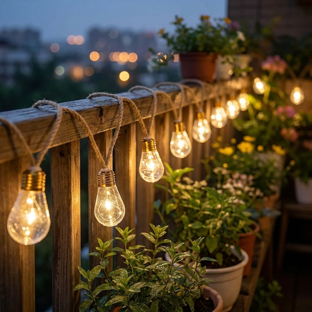 Warm white USB fairy string lights on a cozy balcony at dusk