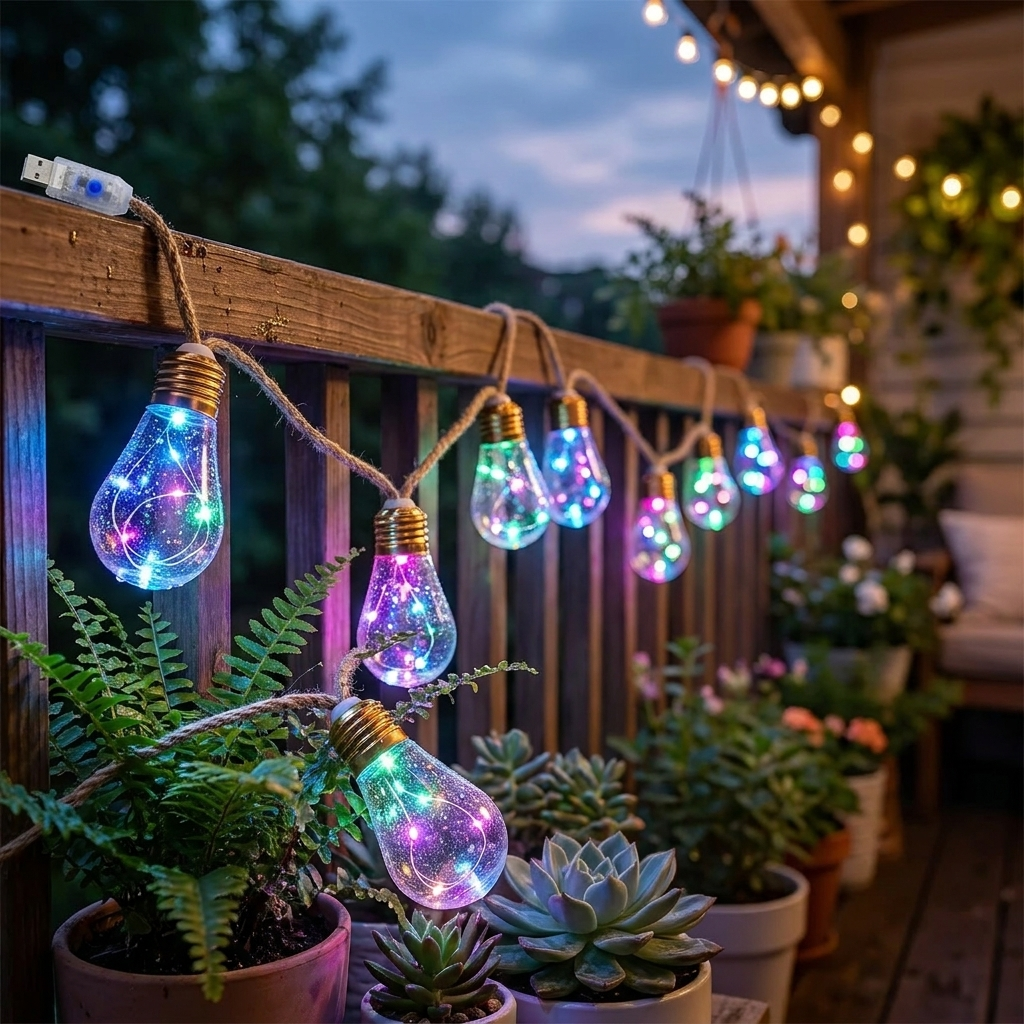 RGB multicolor USB fairy string lights on a cozy balcony at dusk
