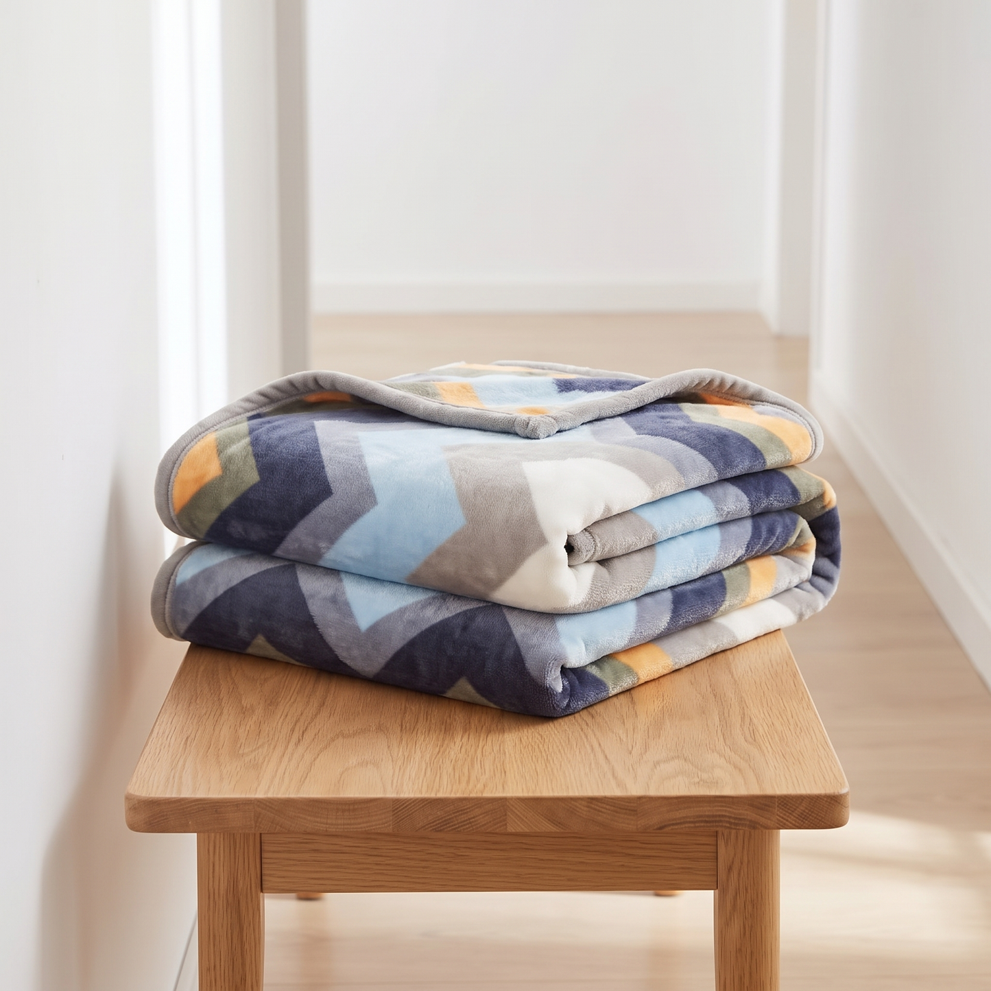 Flanell Kuscheldecke 100x140 cm kompakt gefaltet auf einer Holzbank