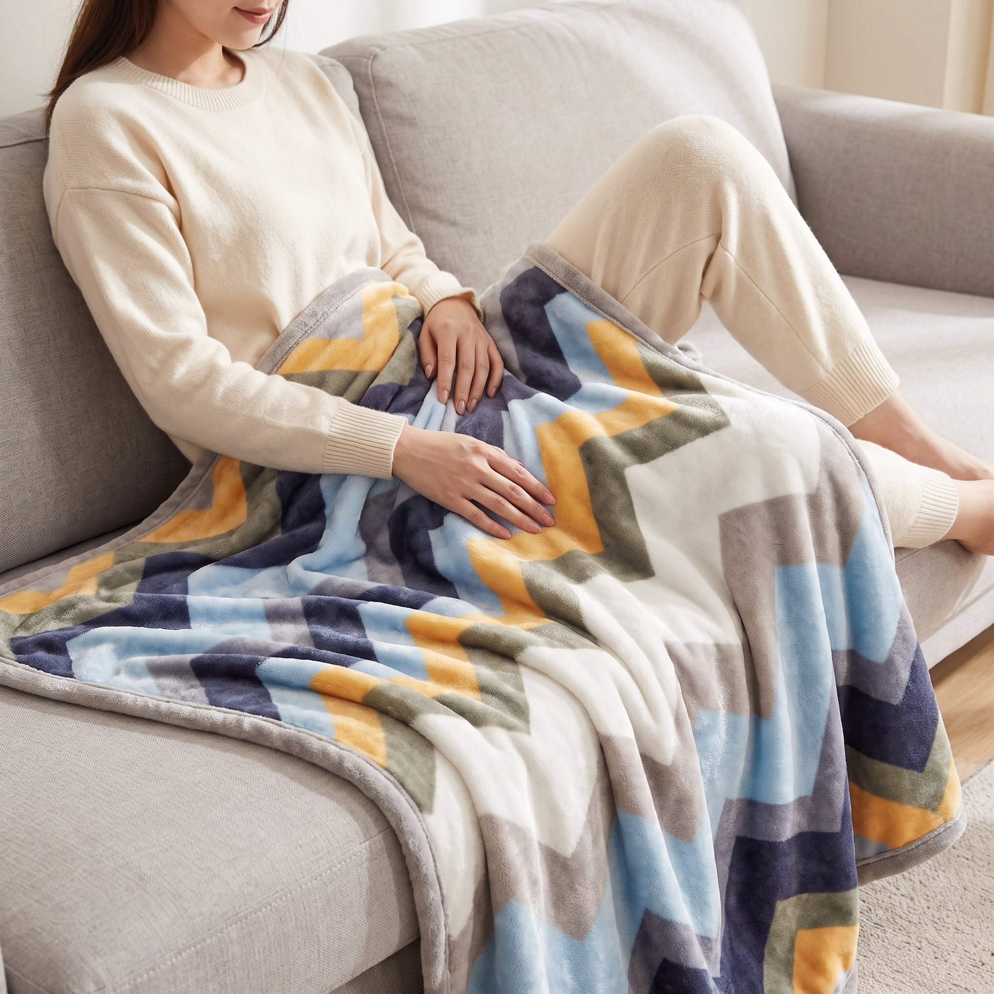 Frau mit Flanell Kuscheldecke 100x140 cm über den Beinen auf dem Sofa
