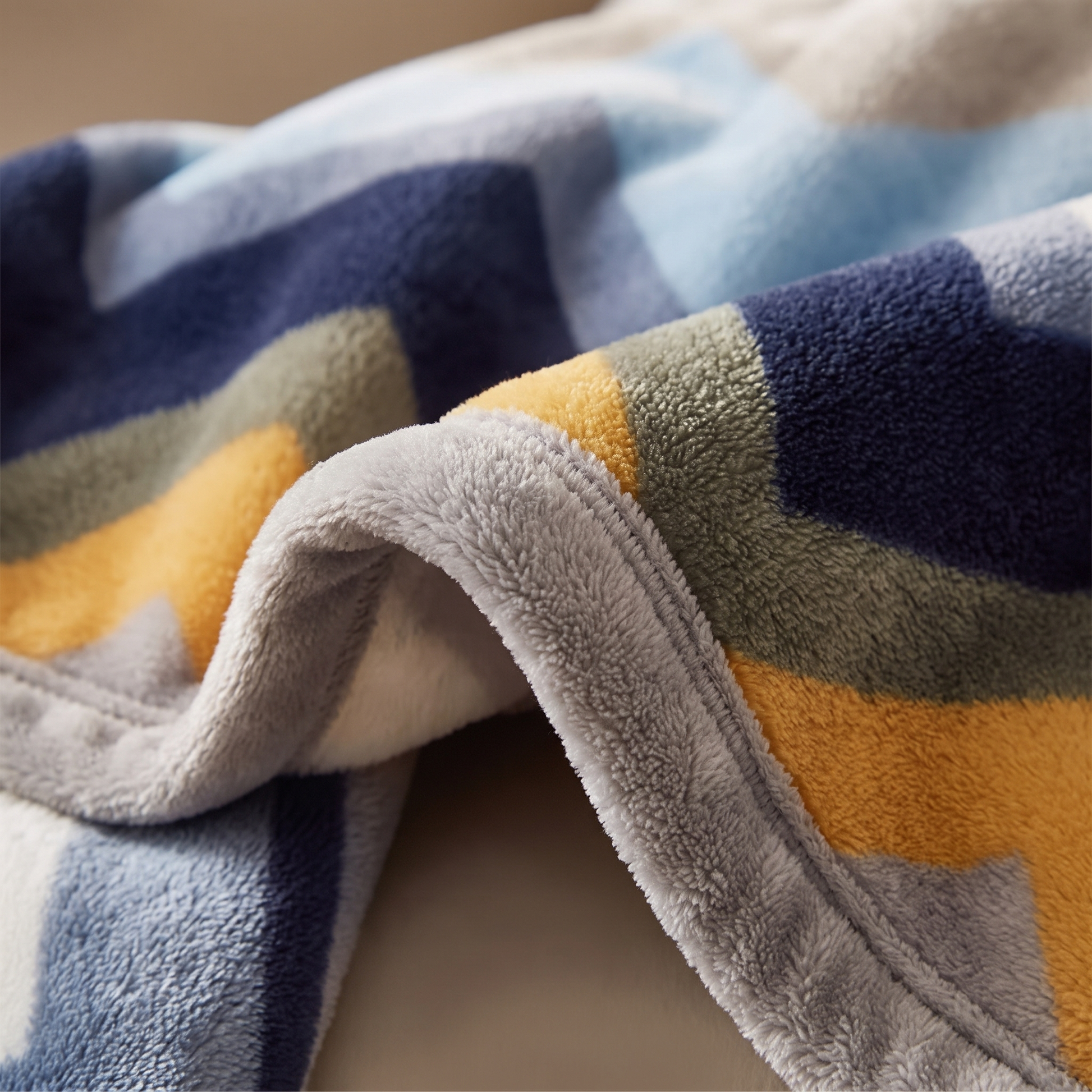 Nahaufnahme des Flanell-Flors und Zickzackmusters der Kuscheldecke