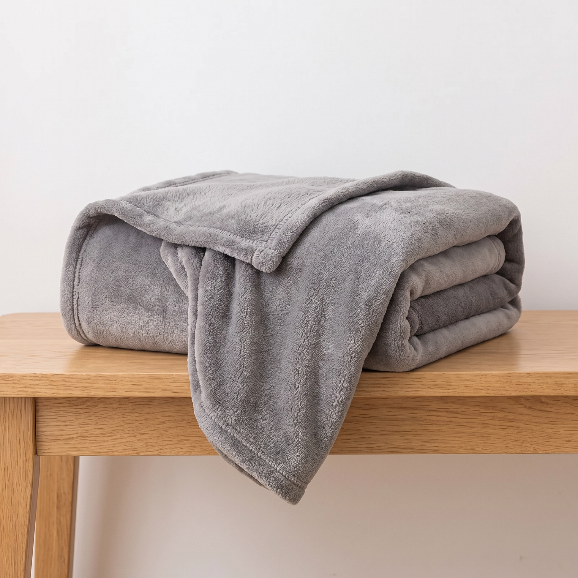 Fleece Kuscheldecke einfarbig Grau gefaltet auf Holzbank