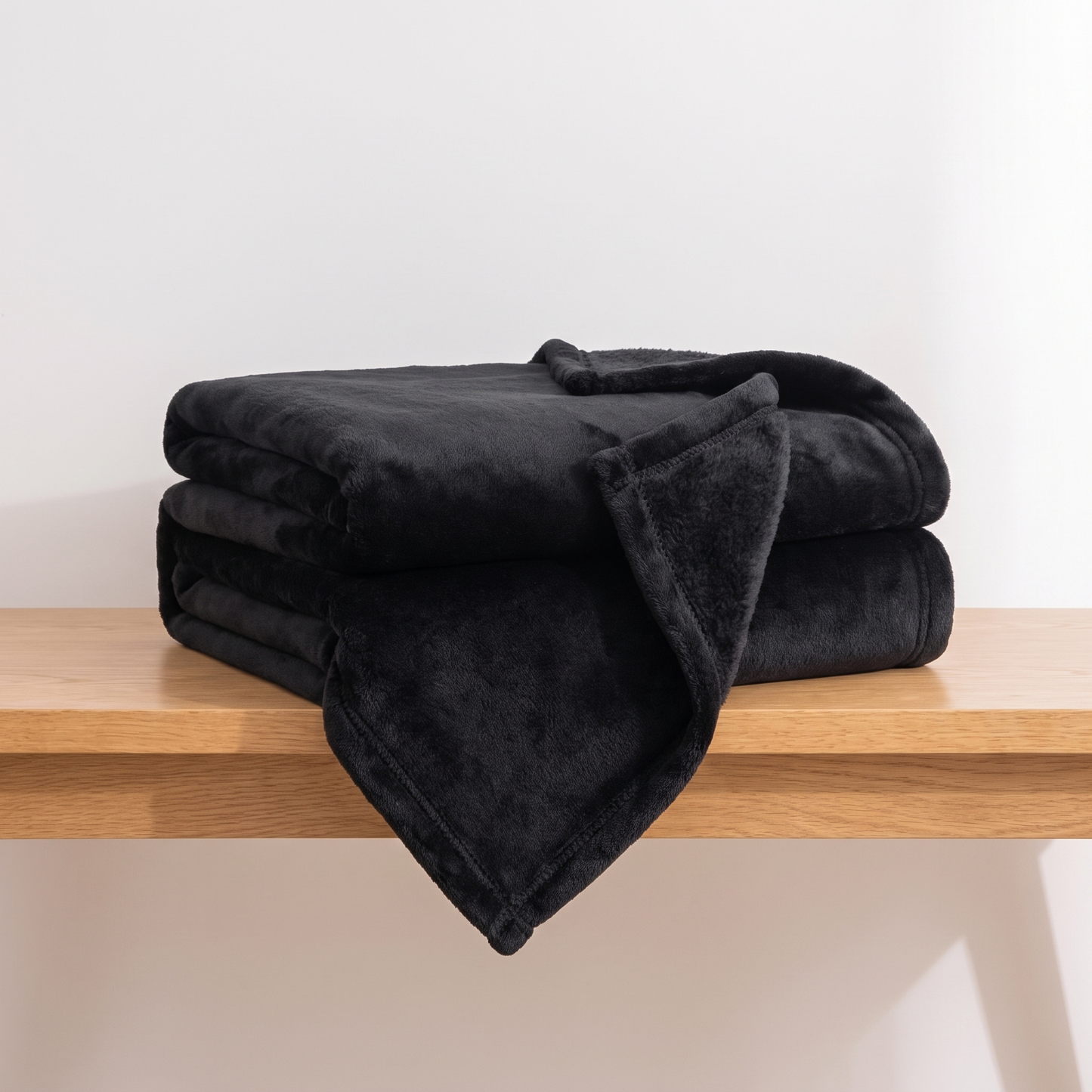 Fleece Kuscheldecke einfarbig Schwarz gefaltet auf Holzbank
