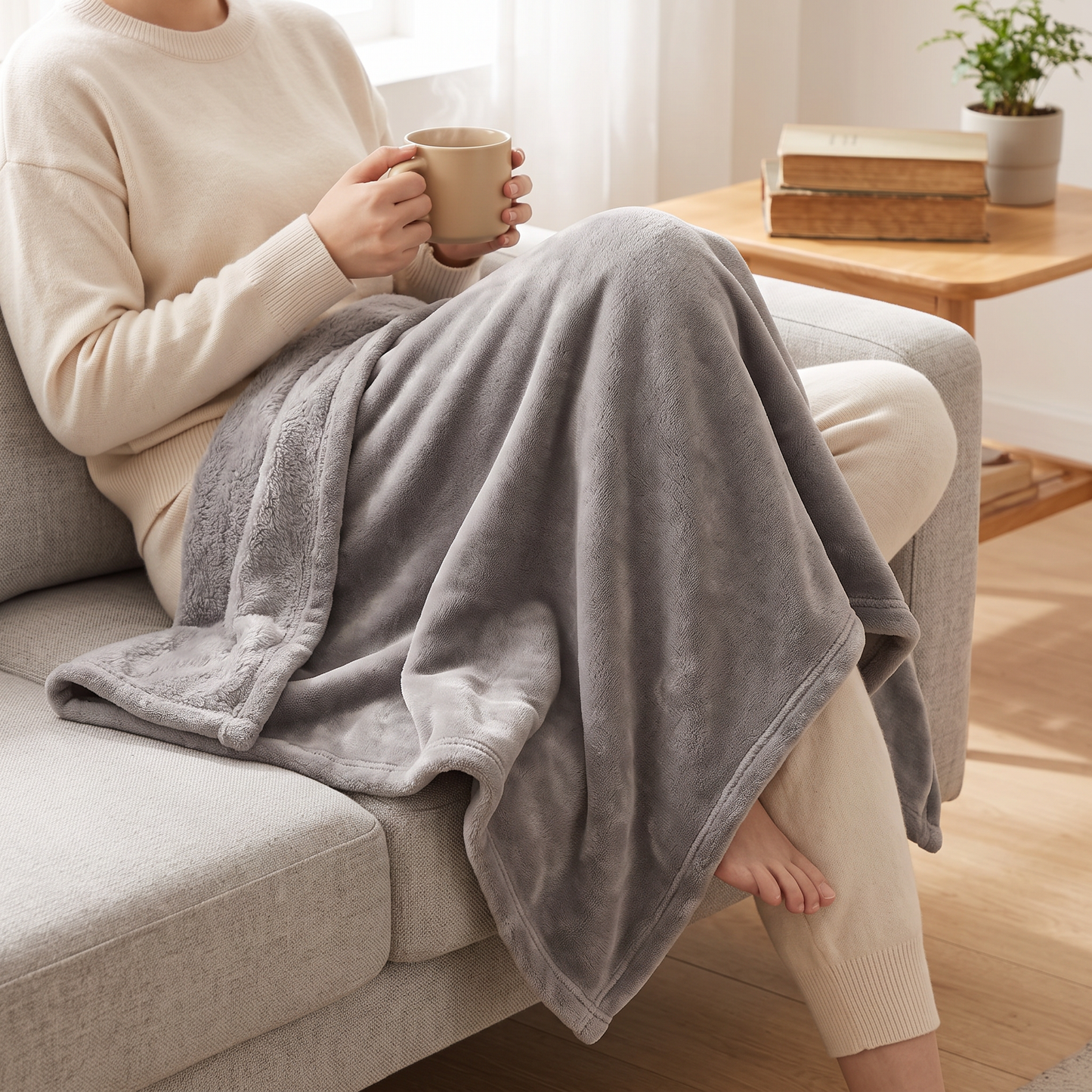 Person mit grauer Fleece Kuscheldecke über den Beinen auf dem Sofa