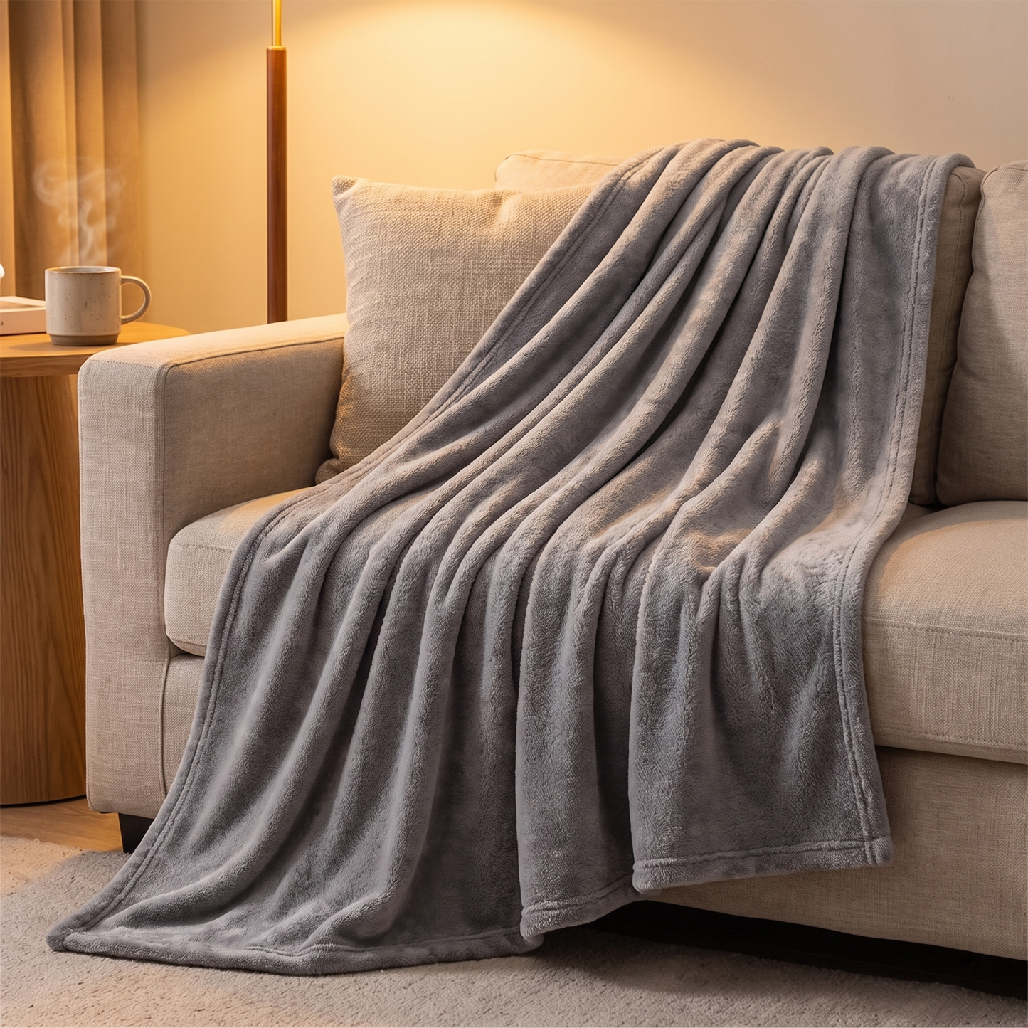 Graue Fleece Kuscheldecke über die Sofaecke drapiert im gemütlichen Wohnzimmer