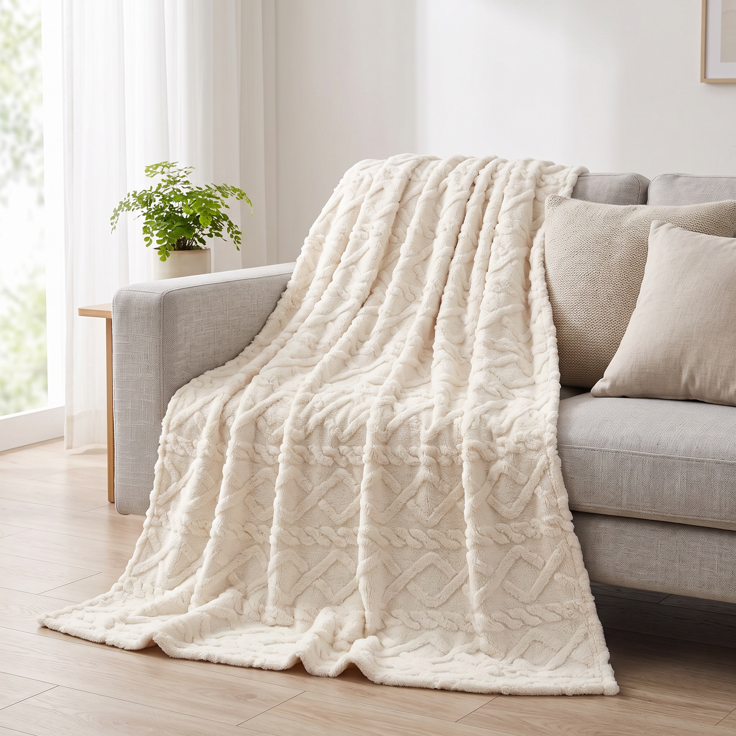 Kuscheldecke mit Zopfmuster in Creme über einem Sofa im hellen Wohnzimmer