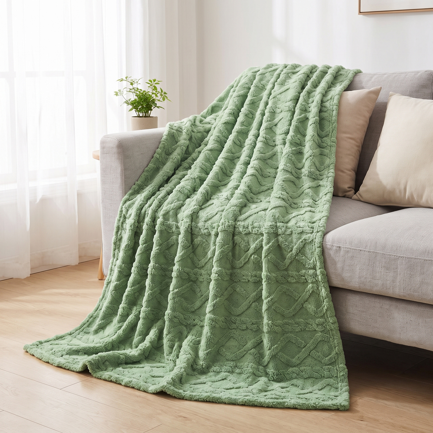 Kuscheldecke mit Zopfmuster in Salbeigrün über einem Sofa im hellen Wohnzimmer