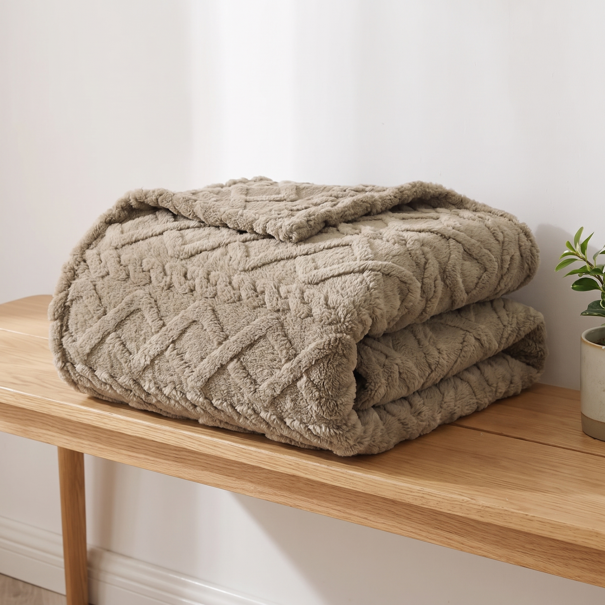 Kuscheldecke mit Zopfmuster in Taupe zusammengefaltet auf einer Holzbank