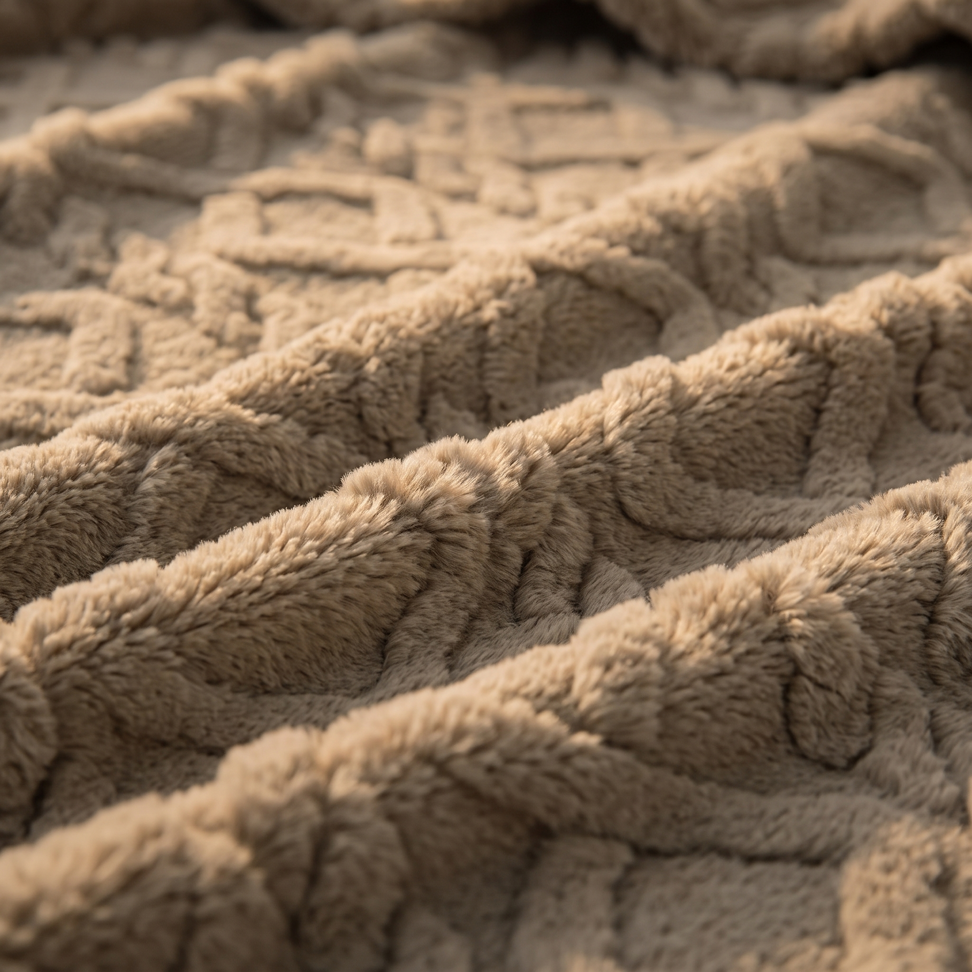 Nahaufnahme des plastischen Zopfmusters der Plüsch Kuscheldecke in Taupe