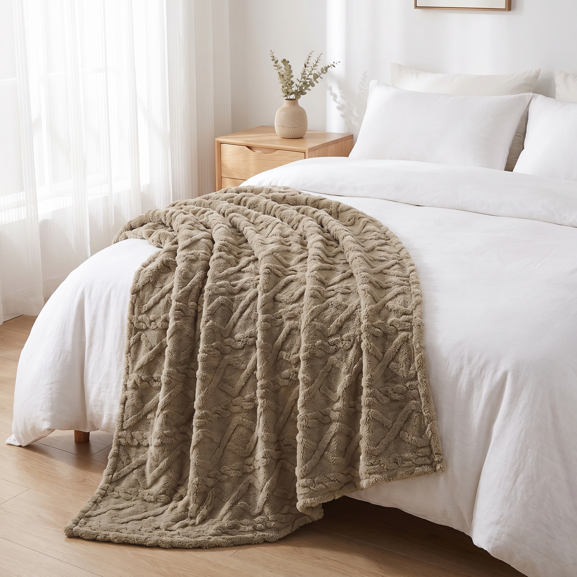Kuscheldecke mit Zopfmuster in Taupe am Fußende eines Bettes im hellen Schlafzimmer