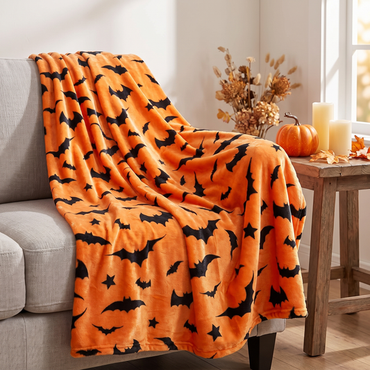 Kuscheldecke mit Fledermaus-Print in Orange über einem Sofa im herbstlich dekorierten Wohnzimmer